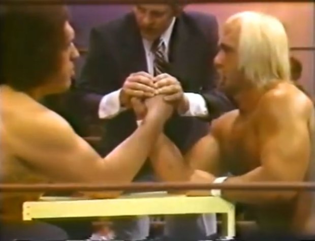Hulk Hogan vs. Andre the Giant…in an arm wrestling match