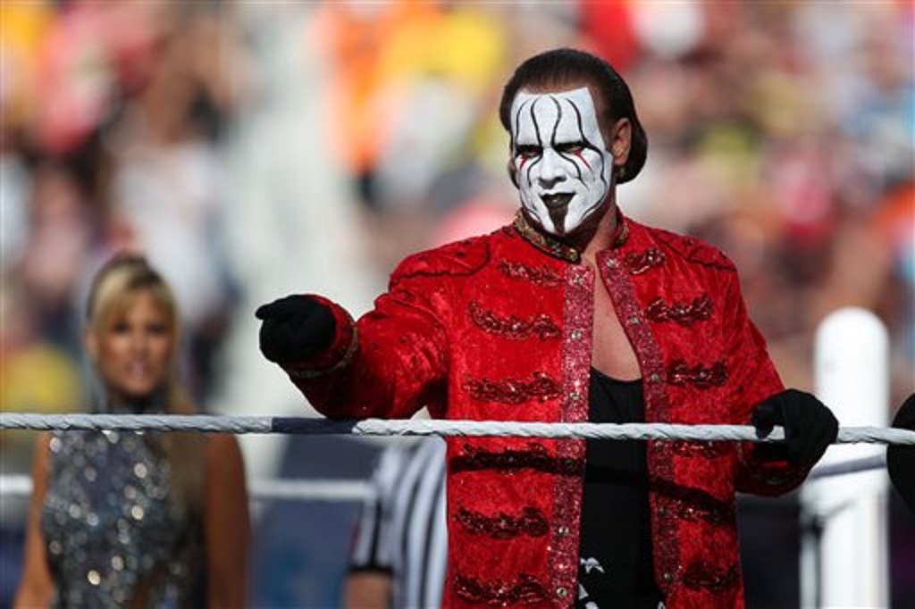 WWE Superstar Sting makes his first ever WrestleMania appearance at Levi?s Stadium on Sunday, March 29, 2015 in Santa Clara, CA. WrestleMania broke the Levi?s Stadium attendance record at 76,976 fans from all 50 states and 40 countries. (Don Feria/AP Images for WWE)